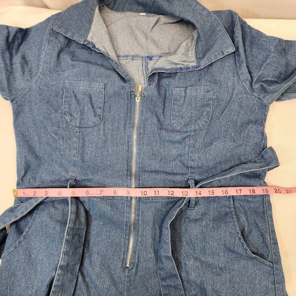 Women's Denim Jumpsuit V Neck Zip Up Short Sleeve Belted Jeans Romper XL - Picture 6 of 8